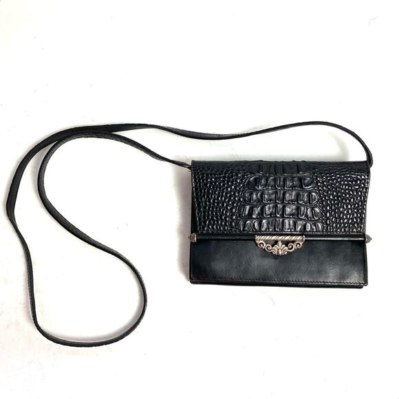 Brighton Black Embossed Convertible Leather Crossbody Clutch Wallet - Picture 1 of 16